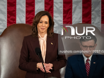 Vice President Kamala Harris presides over a joint session of Congress certifying the results of the 2024 presidential election in Washingto...