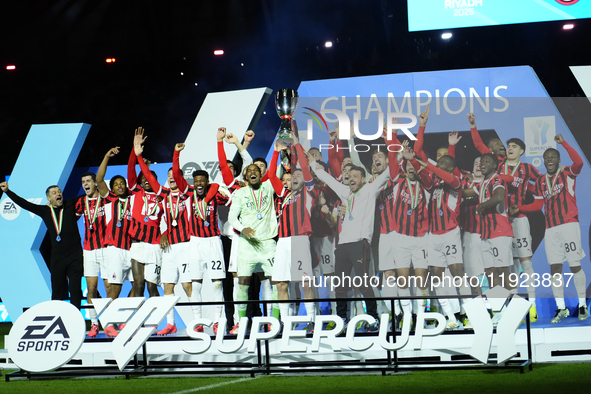 Davide Calabria right-back of AC Milan and Italy lifts the trophy after winning with his team the EA SPORTS FC SUPERCUP 24/25 final match be...