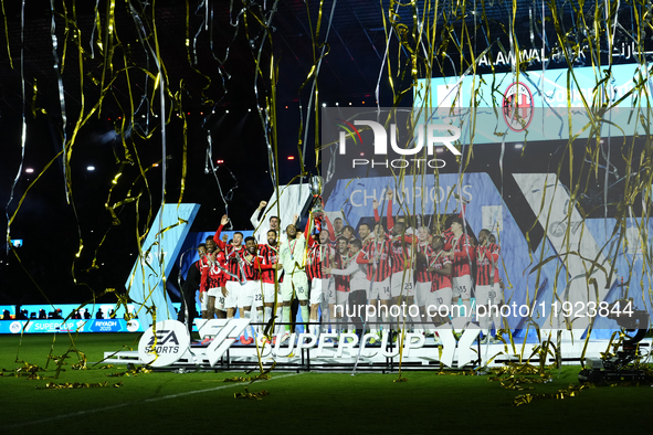 Davide Calabria right-back of AC Milan and Italy lifts the trophy after winning with his team the EA SPORTS FC SUPERCUP 24/25 final match be...