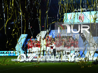 Davide Calabria right-back of AC Milan and Italy lifts the trophy after winning with his team the EA SPORTS FC SUPERCUP 24/25 final match be...