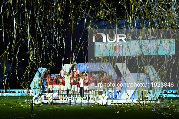 Davide Calabria right-back of AC Milan and Italy lifts the trophy after winning with his team the EA SPORTS FC SUPERCUP 24/25 final match be...