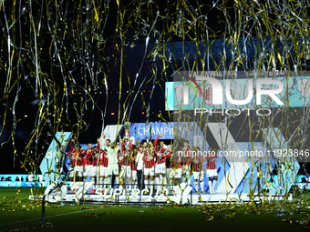 Davide Calabria right-back of AC Milan and Italy lifts the trophy after winning with his team the EA SPORTS FC SUPERCUP 24/25 final match be...