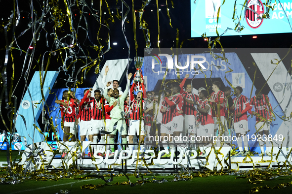 Davide Calabria right-back of AC Milan and Italy lifts the trophy after winning with his team the EA SPORTS FC SUPERCUP 24/25 final match be...