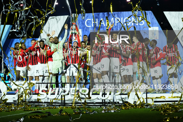 Davide Calabria right-back of AC Milan and Italy lifts the trophy after winning with his team the EA SPORTS FC SUPERCUP 24/25 final match be...