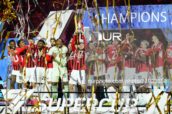 Davide Calabria right-back of AC Milan and Italy lifts the trophy after winning with his team the EA SPORTS FC SUPERCUP 24/25 final match be...