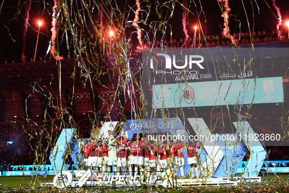 Davide Calabria right-back of AC Milan and Italy lifts the trophy after winning with his team the EA SPORTS FC SUPERCUP 24/25 final match be...