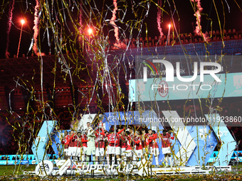 Davide Calabria right-back of AC Milan and Italy lifts the trophy after winning with his team the EA SPORTS FC SUPERCUP 24/25 final match be...