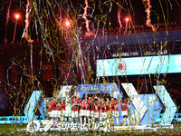 Davide Calabria right-back of AC Milan and Italy lifts the trophy after winning with his team the EA SPORTS FC SUPERCUP 24/25 final match be...