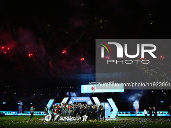 Davide Calabria right-back of AC Milan and Italy lifts the trophy after winning with his team the EA SPORTS FC SUPERCUP 24/25 final match be...