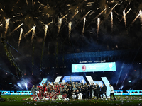 Davide Calabria right-back of AC Milan and Italy lifts the trophy after winning with his team the EA SPORTS FC SUPERCUP 24/25 final match be...