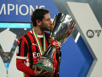 Davide Calabria right-back of AC Milan and Italy celebrates with the trophy after winning the EA SPORTS FC SUPERCUP 24/25 final match betwee...