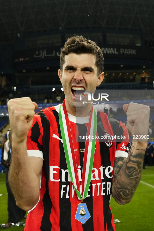 Christian Pulisic right winger of AC Milan and United States celebrates the victory after winning the EA SPORTS FC SUPERCUP 24/25 final matc...