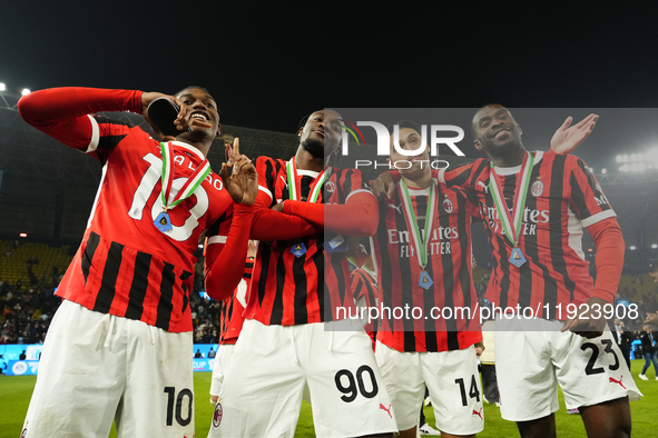 Rafael Leao left winger of AC Milan and Portugal Tammy Abraham centre-forward of AC Milan and England Tijjani Reijnders central midfield of...