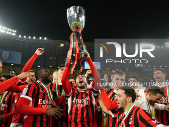 Davide Calabria right-back of AC Milan and Italy lifts the trophy after winning with his team during the EA SPORTS FC SUPERCUP 24/25 final m...