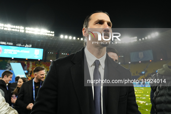 Zlatan Ibrahimovic celebrates the victory after the EA SPORTS FC SUPERCUP 24/25 final match between FC Internazionale and AC Milan at Kingdo...