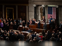 Senators and Representatives applaud Vice President Kamala Harris at the conclusion of a joint session certifying the results of the 2024 pr...