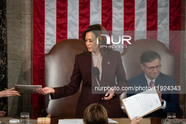 Vice President Kamala Harris presides over a joint session of Congress certifying the results of the 2024 presidential election in Washingto...