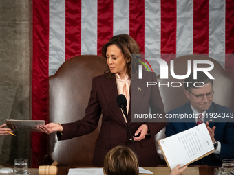 Vice President Kamala Harris presides over a joint session of Congress certifying the results of the 2024 presidential election in Washingto...