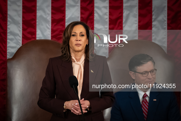 Vice President Kamala Harris presides over a joint session of Congress certifying the results of the 2024 presidential election in Washingto...