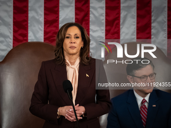 Vice President Kamala Harris presides over a joint session of Congress certifying the results of the 2024 presidential election in Washingto...