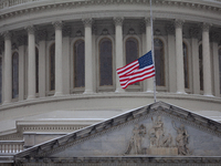 A flag flies at half-staff in honor of President Jimmy Carter, who passed away Dewcember 29, as snow falls on the Capitol on the anniversary...