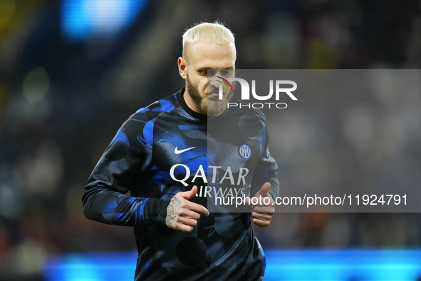 Federico Dimarco left-back of Internazionale and Italy during the warm-up before the EA SPORTS FC SUPERCUP 24/25 final match between FC Inte...