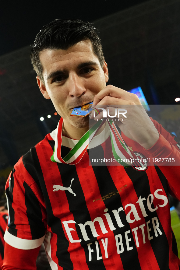 Alvaro Morata centre-forward of AC Milan and Spain celebrates after winning the EA SPORTS FC SUPERCUP 24/25 final match between FC Internazi...