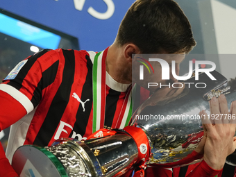 Matteo Gabbia centre-back of AC Milan and Italy celebrates with the trophy after winning the EA SPORTS FC SUPERCUP 24/25 final match between...