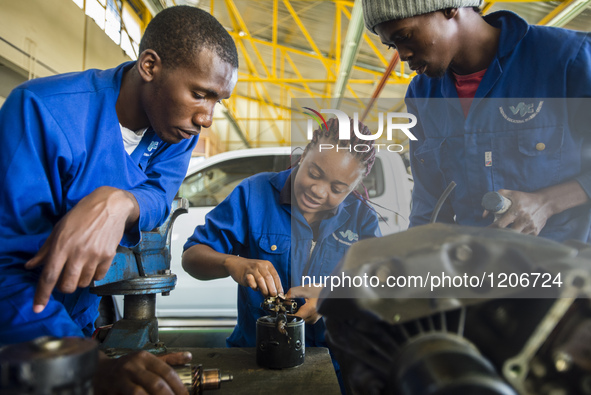 Students of the Automechanical course assemble starter motor during practical lesson at workshop in the Windhoek Vocational Training Centre,...