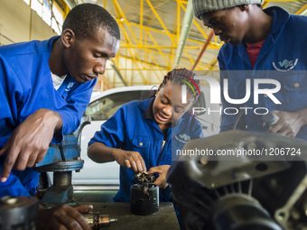 Students of the Automechanical course assemble starter motor during practical lesson at workshop in the Windhoek Vocational Training Centre,...