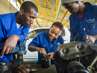 Students of the Automechanical course assemble starter motor during practical lesson at workshop in the Windhoek Vocational Training Centre,...