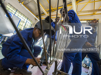 Working process in the workshop of Welding and Fabricating course of the Windhoek Vocational Training Centre, Namibia, on May 12, 2016. Stud...