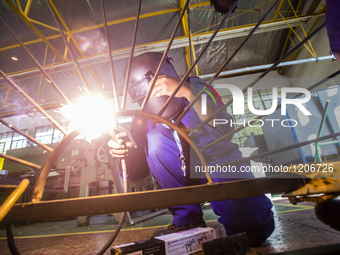 Working process in the workshop of Welding and Fabricating course of the Windhoek Vocational Training Centre, Namibia, on May 12, 2016. Stud...