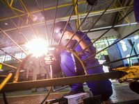 Working process in the workshop of Welding and Fabricating course of the Windhoek Vocational Training Centre, Namibia, on May 12, 2016. Stud...