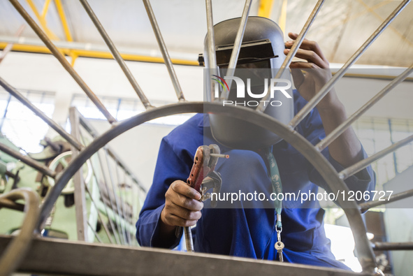 Working process in the workshop of Welding and Fabricating course of the Windhoek Vocational Training Centre, Namibia, on May 12, 2016. Stud...