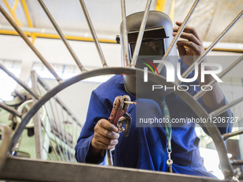 Working process in the workshop of Welding and Fabricating course of the Windhoek Vocational Training Centre, Namibia, on May 12, 2016. Stud...