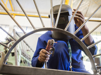 Working process in the workshop of Welding and Fabricating course of the Windhoek Vocational Training Centre, Namibia, on May 12, 2016. Stud...