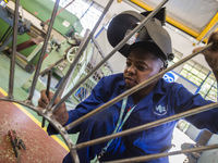 Working process in the workshop of Welding and Fabricating course of the Windhoek Vocational Training Centre, Namibia, on May 12, 2016. Stud...