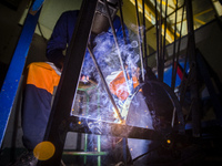 Working process in the workshop of Welding and Fabricating course of the Windhoek Vocational Training Centre, Namibia, on May 12, 2016. Stud...