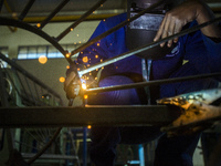 Working process in the workshop of Welding and Fabricating course of the Windhoek Vocational Training Centre, Namibia, on May 12, 2016. Stud...