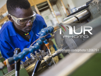 Fitting and Turning Trade of the Windhoek Vocational Training Centre, Namibia, on May 12, 2016. Students work with Lathe machine making a wo...