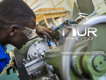 Fitting and Turning Trade of the Windhoek Vocational Training Centre, Namibia, on May 12, 2016. Students work with Lathe machine making a wo...