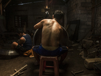 A worker forge gamelan in Gamelan Daliyo Legiyono, Pelem Lor Batu Retno Village, Banguntapan, Yogyakarta, Indonesia, on May 13, 2016. Gamela...