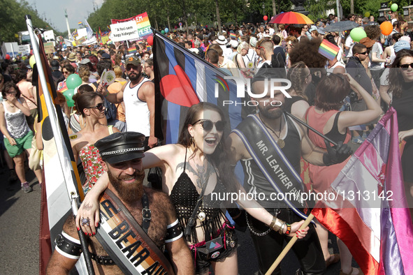 People participate in annual gay pride parade in Budapest, Hungary, on July 2, 2016.