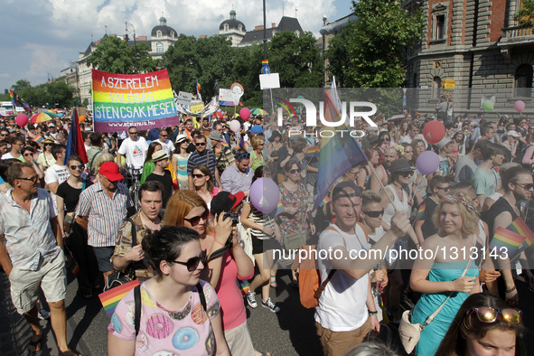 People participate in annual gay pride parade in Budapest, Hungary, on July 2, 2016.