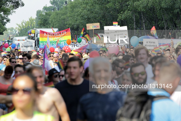 People participate in annual gay pride parade in Budapest, Hungary, on July 2, 2016.