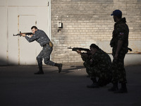 Militiamen from the Russian Orthodox Army undergo firearm training at the unit's headquarters in the occupied SBU building in Donetsk, easte...