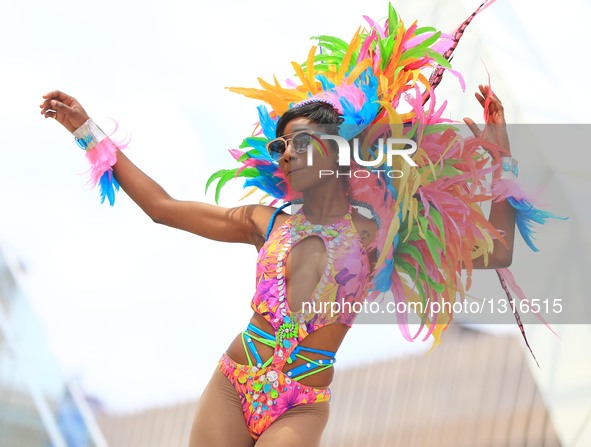 A dressed up reveller performs during the official launch ceremony of the 2016 Toronto Caribbean Carnival at Nathan Philips Square in Toront...