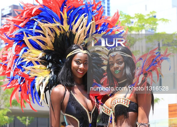 Dressed up revellers perform during the official launch ceremony of the 2016 Toronto Caribbean Carnival at Nathan Philips Square in Toronto,...