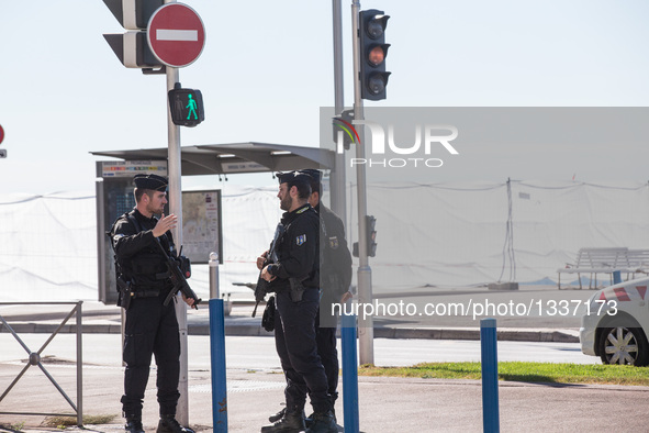 Security personnel stand guard on the Promenade des Anglais, where the attack took place on Thursday, in Nice, France, July 15, 2016. The de...